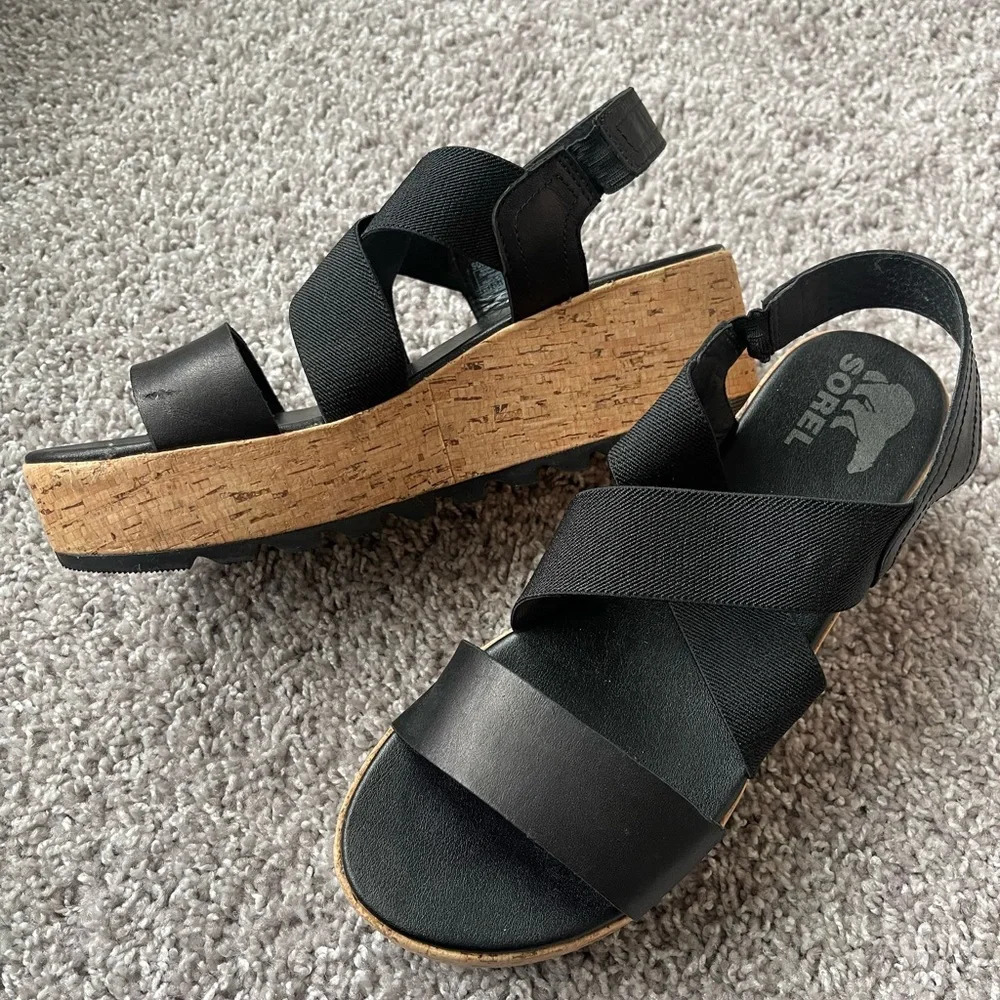 Sorel Black Cork Wedge Sandals